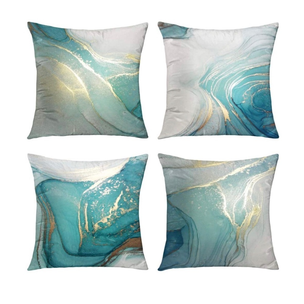 Marble Texture Turquoise and Gold Silver Decorative Throw Pillow Covers Set of 4